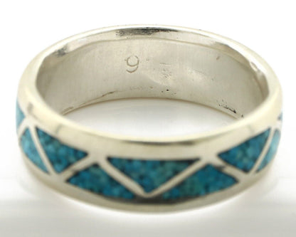 Navajo Chip Inlay Ring 925 Silver Sleeping Beauty Turquoise Artist Silver Cloud
