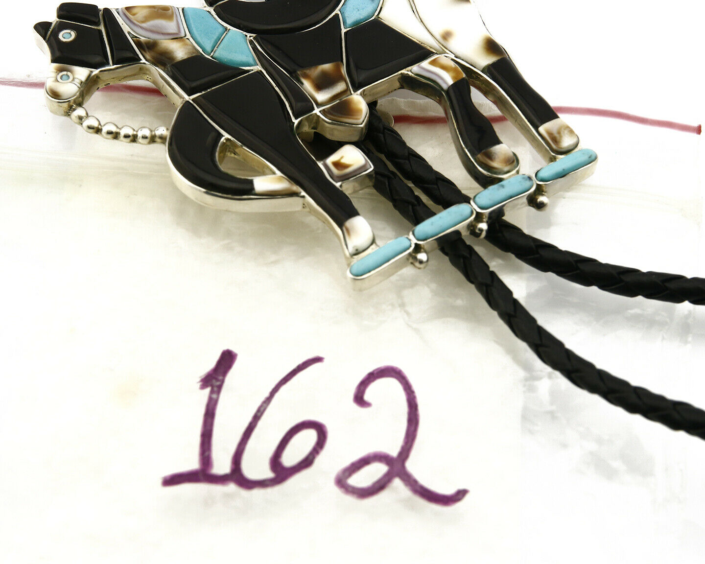 Navajo Bolo Tie .925 Silver Natural Gemstone Signed Artist WB Circa 1980's