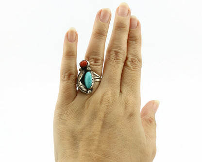 Navajo Ring .925 Silver Turquoise & Coral Native American Artist C.1980's
