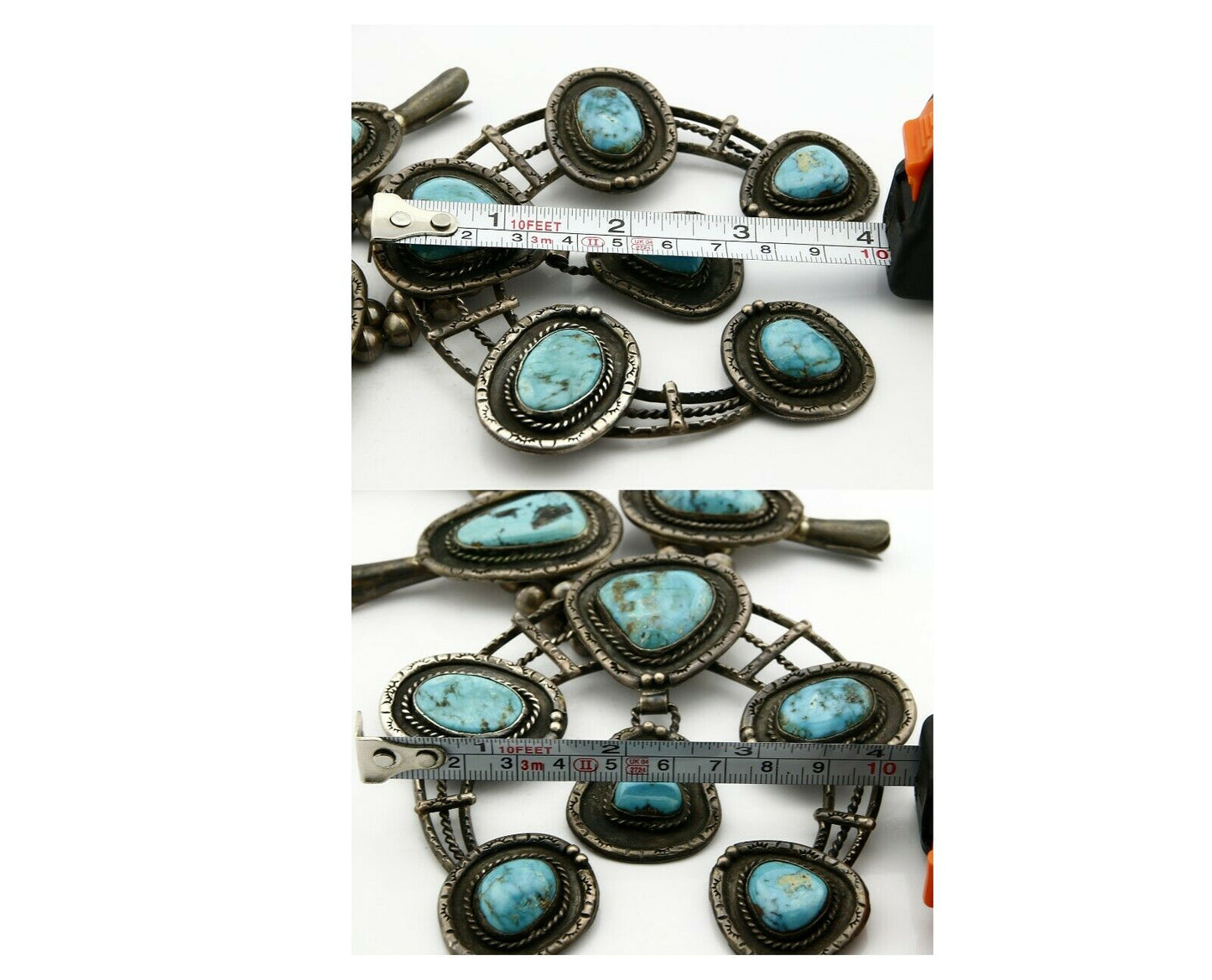 C.1950's Old Pawn Navajo Hand Stamped Bisbee Turquoise .925 Squash Necklace
