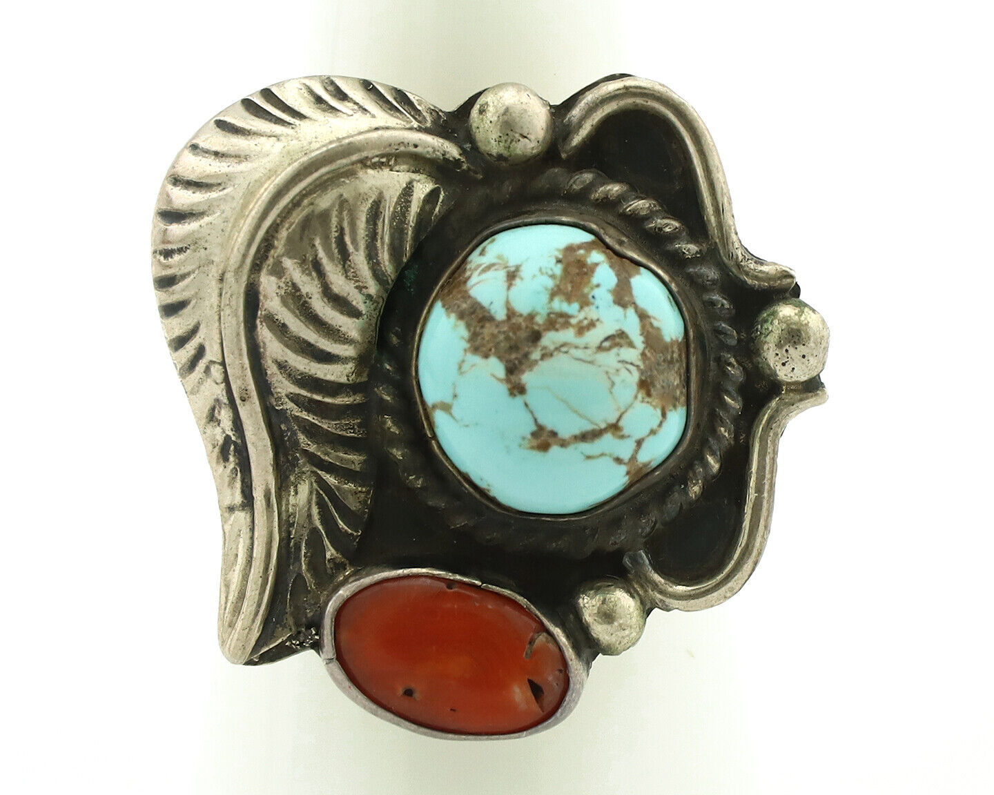 Navajo Ring 925 Silver Coral & Globe Turquoise Native American Artist C.80's