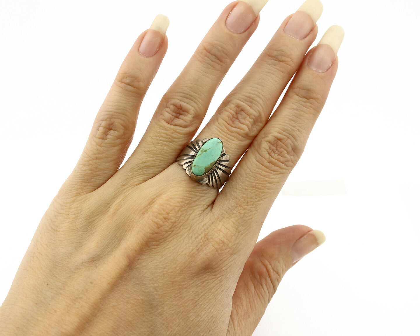 Navajo Ring .925 Silver Kingman Turquoise Artist Signed Apache C.80's