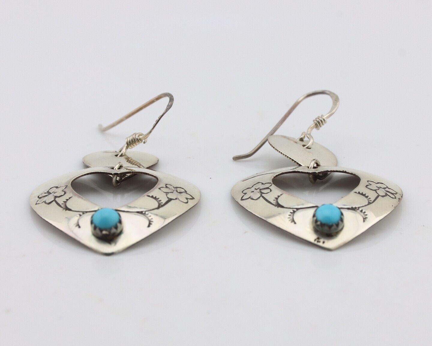Navajo Dangle Heart Earrings Handmade 925 Silver Blue Turquoise Native Artist 80