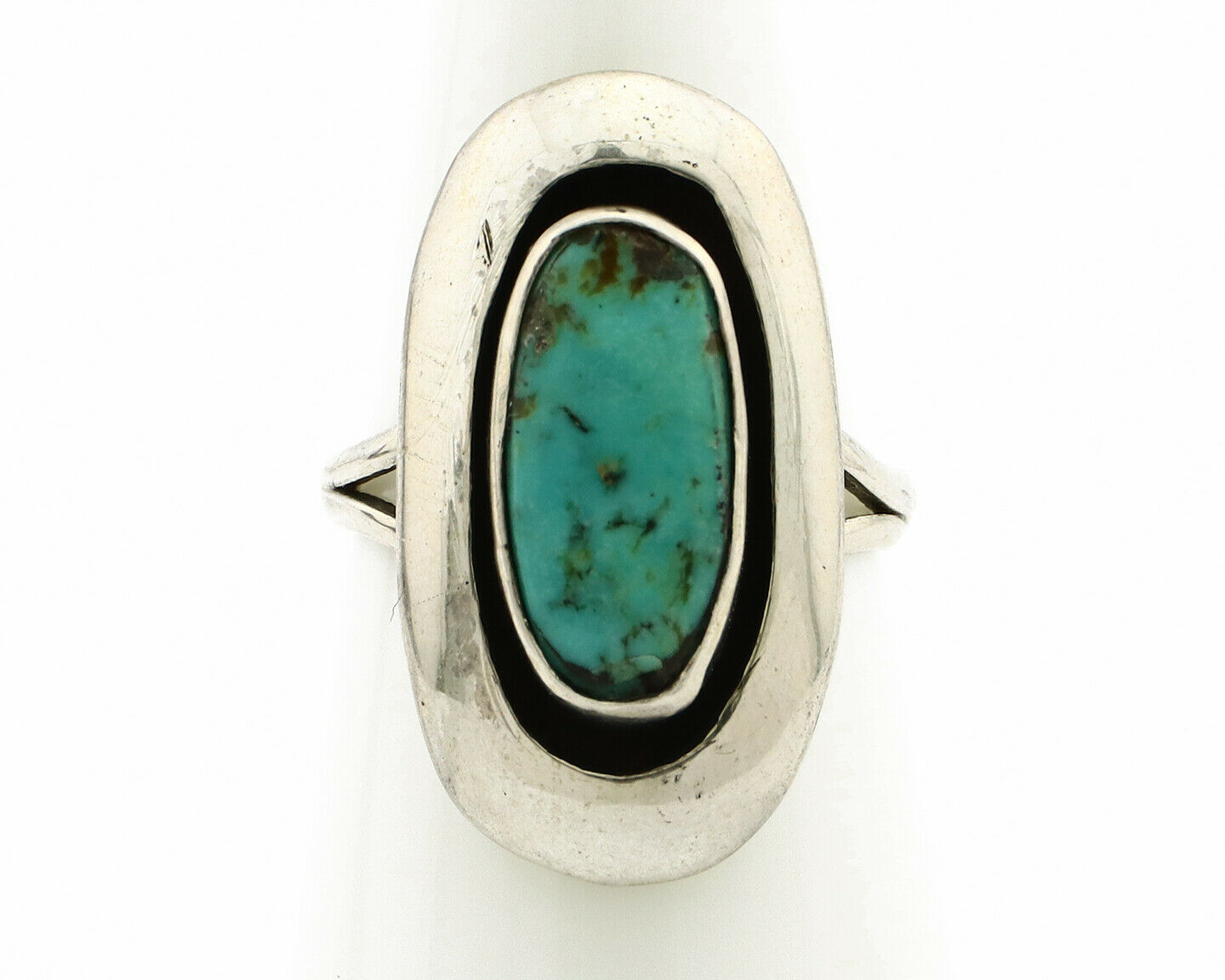 Navajo Shadow Box Ring .925 Silver Kingman Turquoise Signed M Montoya C80s