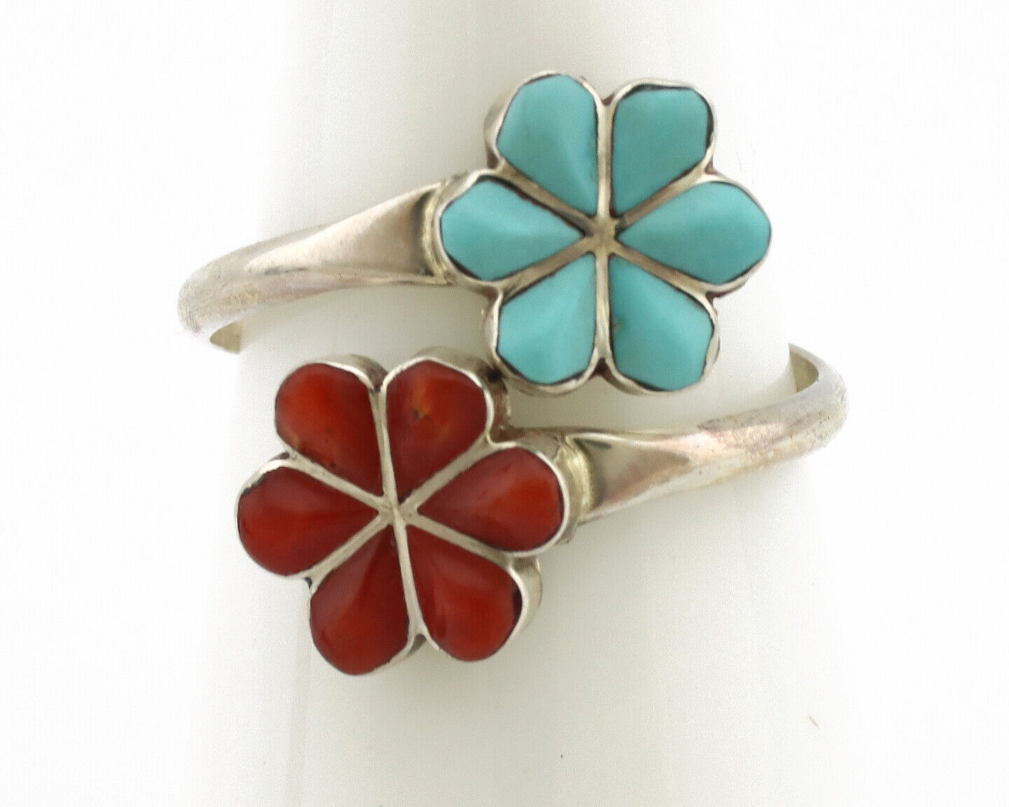 Zuni Flower Ring 925 Silver Turquoise & Coral Native American Artist C.80's