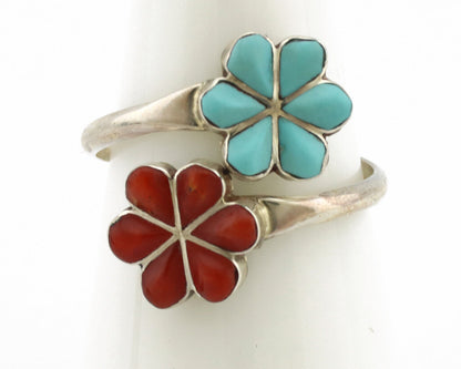 Zuni Flower Ring 925 Silver Turquoise & Coral Native American Artist C.80's