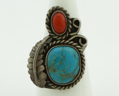 Navajo Ring .925 Silver Turquoise & Coral Native American Artist C.1975's