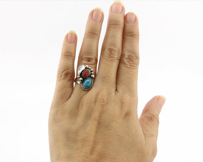 Navajo Ring .925 Silver Morenci Turquoise & Coral Native Artist Signed JM C.80's
