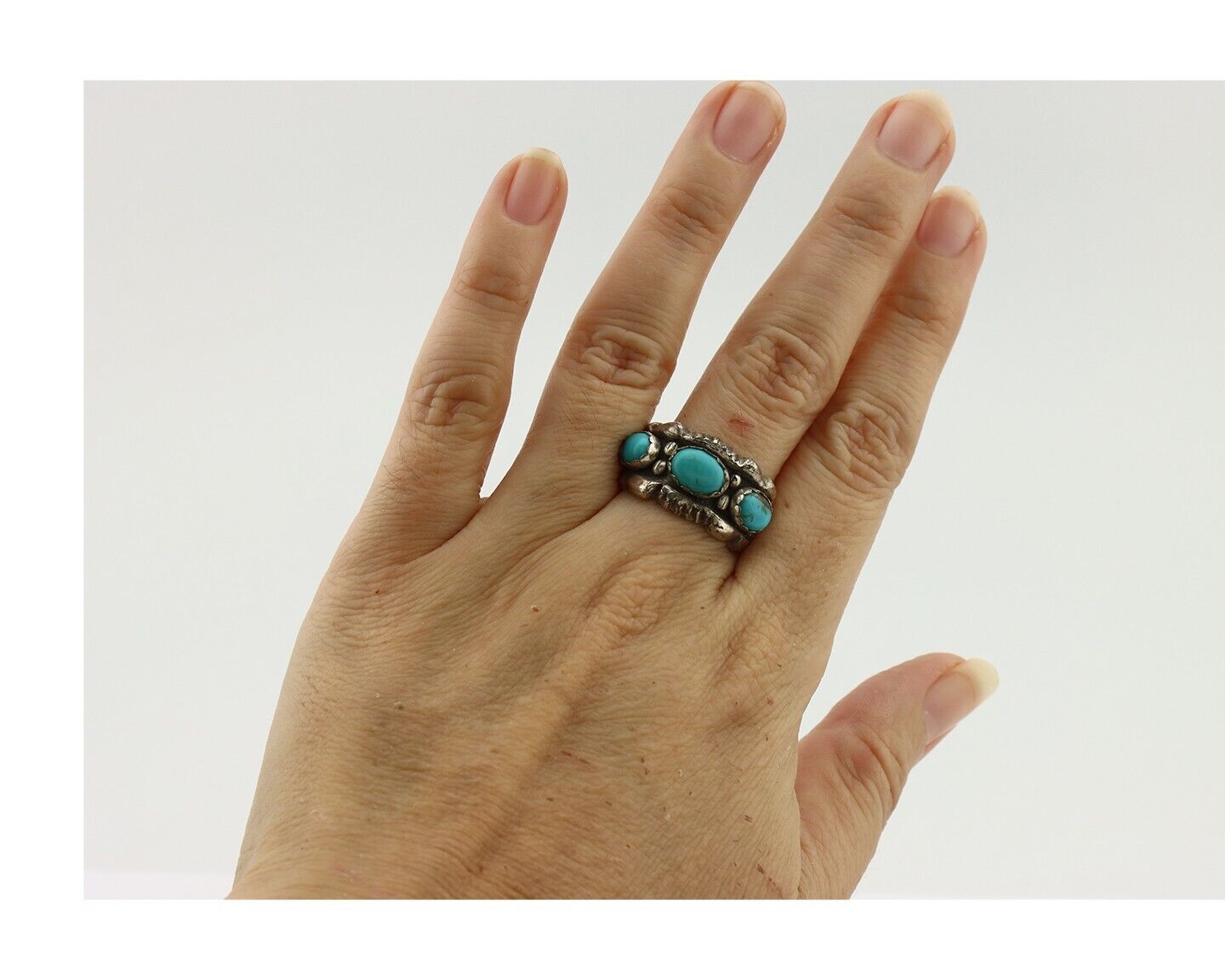 Navajo Ring .925 Silver Natural Blue Turquoise Native American Artist C.80's