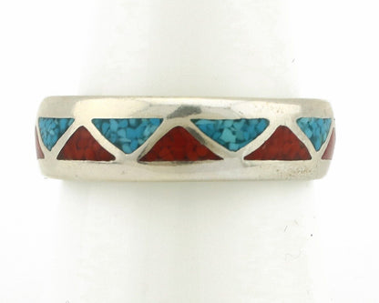 Navajo Ring 925 Silver Natural Turquoise & Coral Native American Artist C.80's