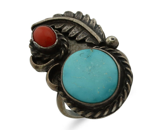 Navajo Handmade Ring 925 Silver Turquiose & Coral Native American Artist C.80's