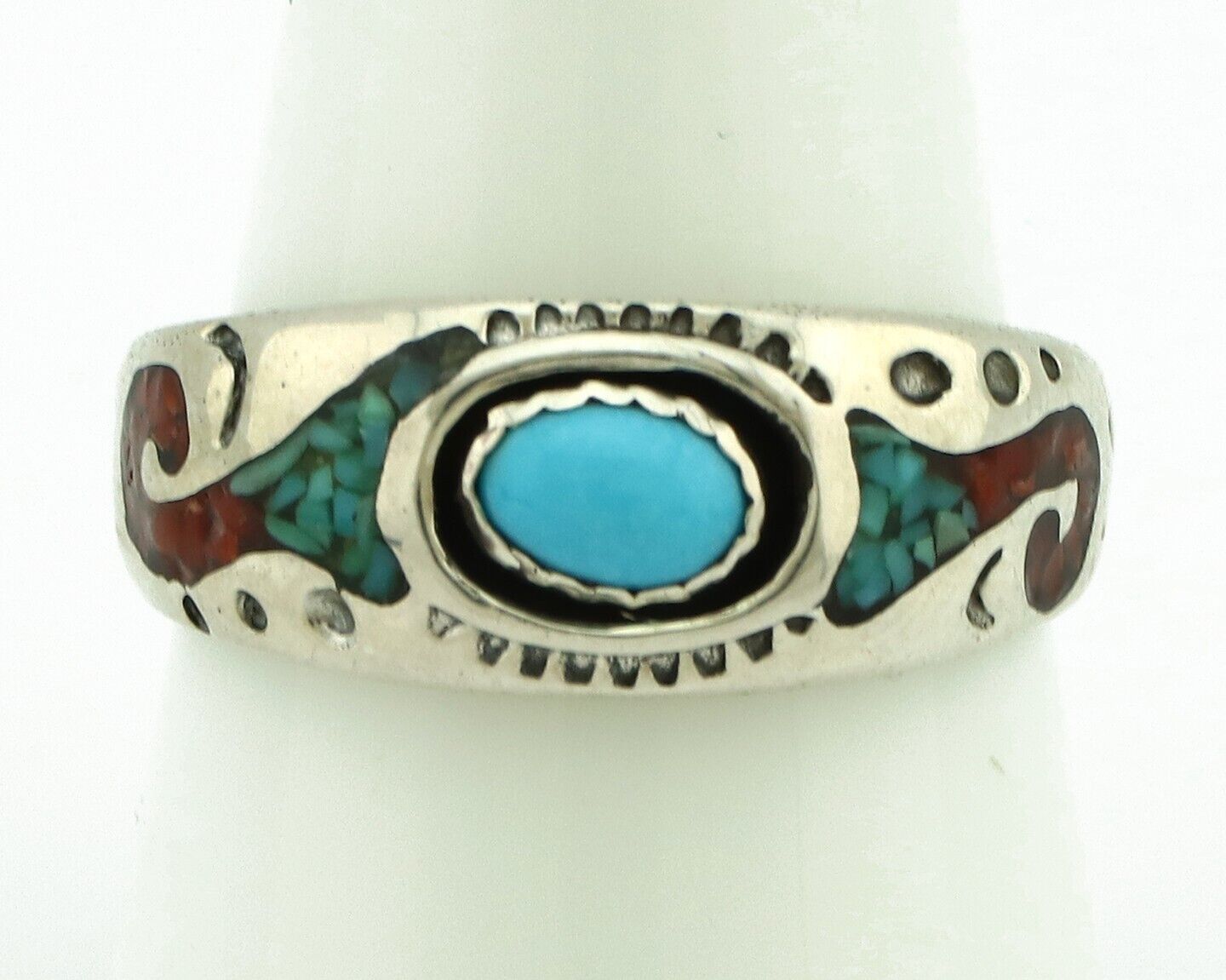 Navajo Handmade Ring 925 Silver Blue Turquoise & Coral Native American C.80's