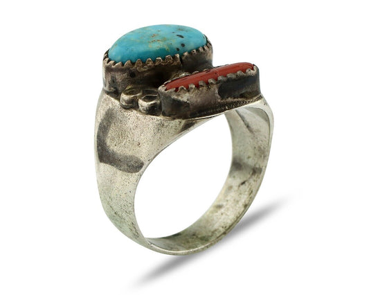 Navajo Ring 925 Silver Blue Turquiose & Mediterranean Coral Native Artist C.80's