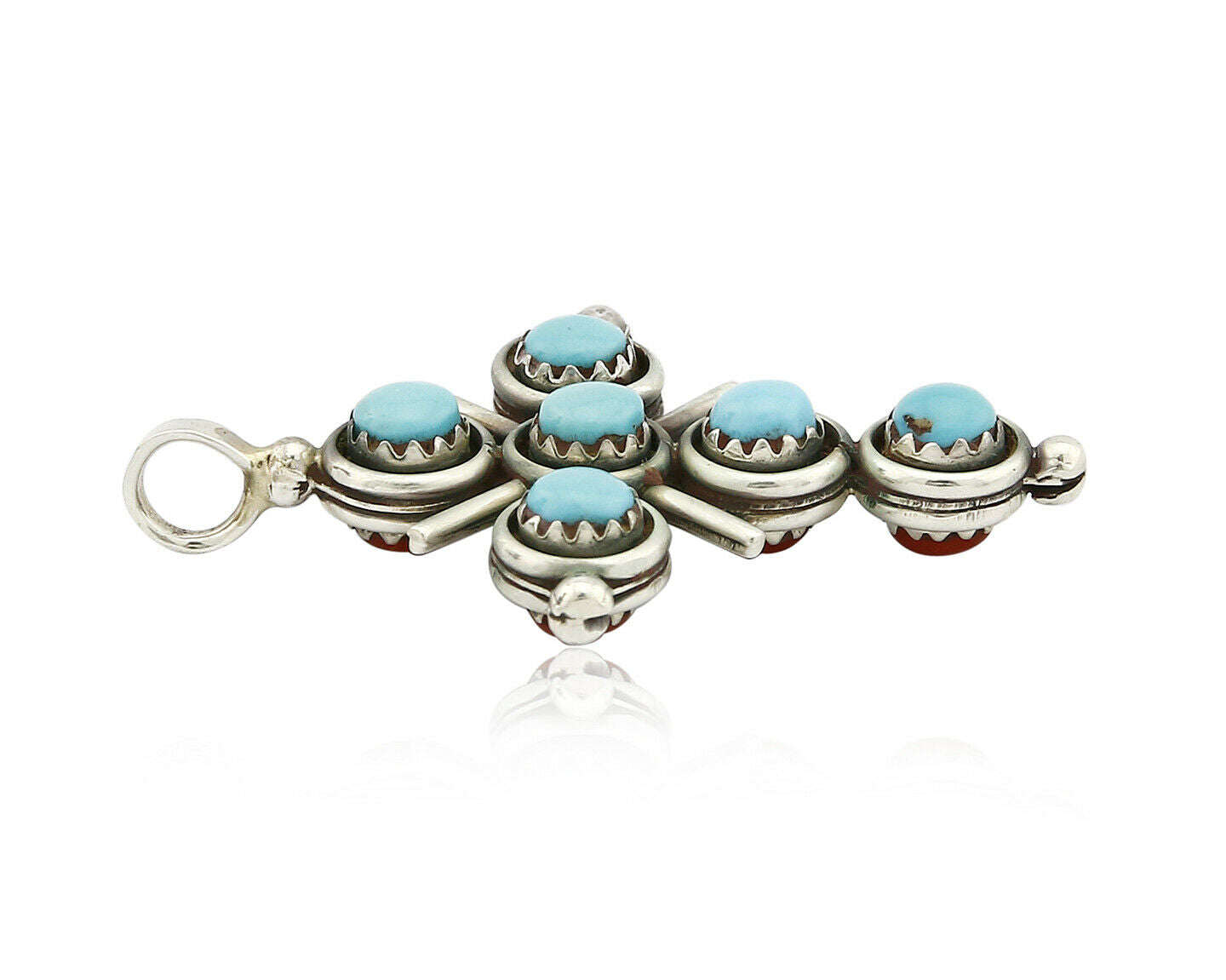 Zuni Natural Turquoise and Coral Reversible 925 Silver Handmade Pendant