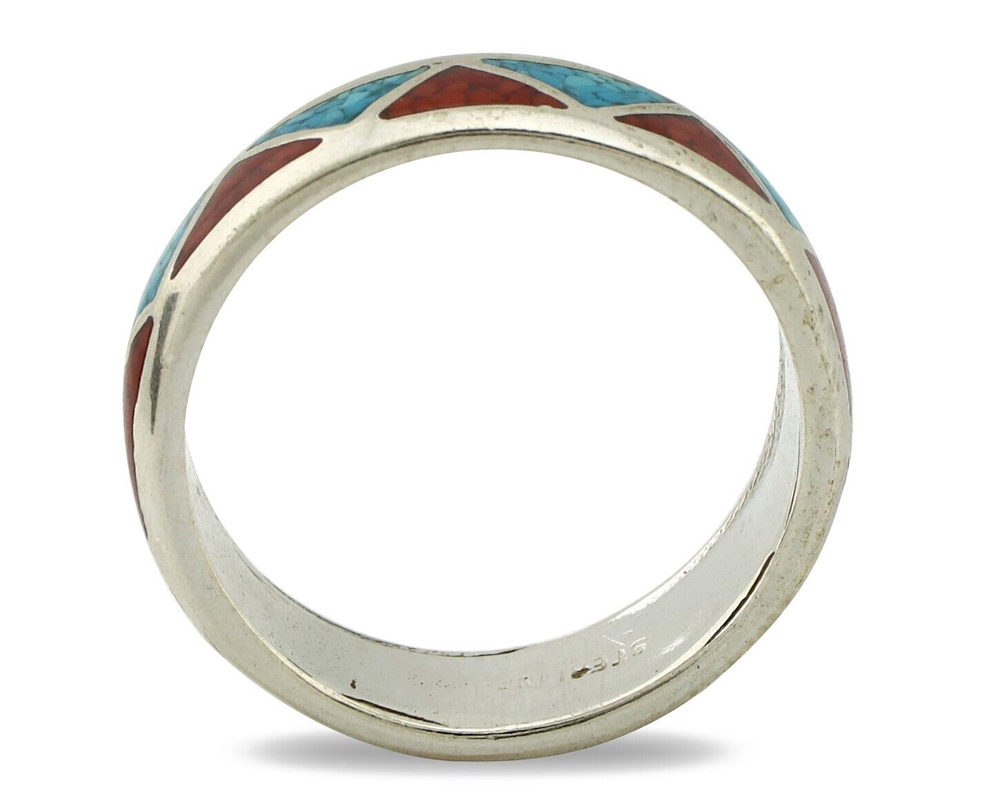 Navajo Chip Inlay Ring 925 Silver Sleeping Beauty Turquoise & Coral Silver Cloud
