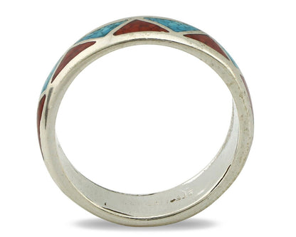 Navajo Chip Inlay Ring 925 Silver Sleeping Beauty Turquoise & Coral Silver Cloud