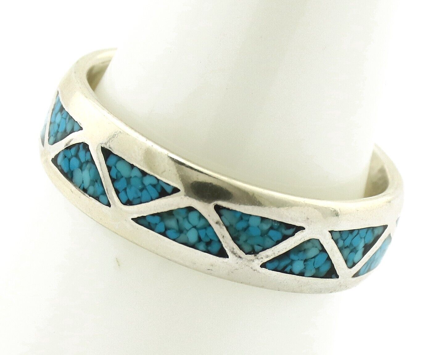 Navajo Chip Inlay Ring 925 Silver Sleeping Beauty Turquoise Artist Silver Cloud