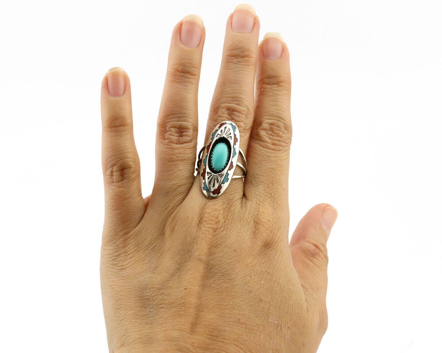 Navajo Ring 925 Silver Turquoise & Coral Signed Circle JW C.80s