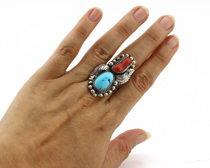 Navajo Ring 925 Silver Blue Turquoise & Coral Signed Stanley Bain C.80's