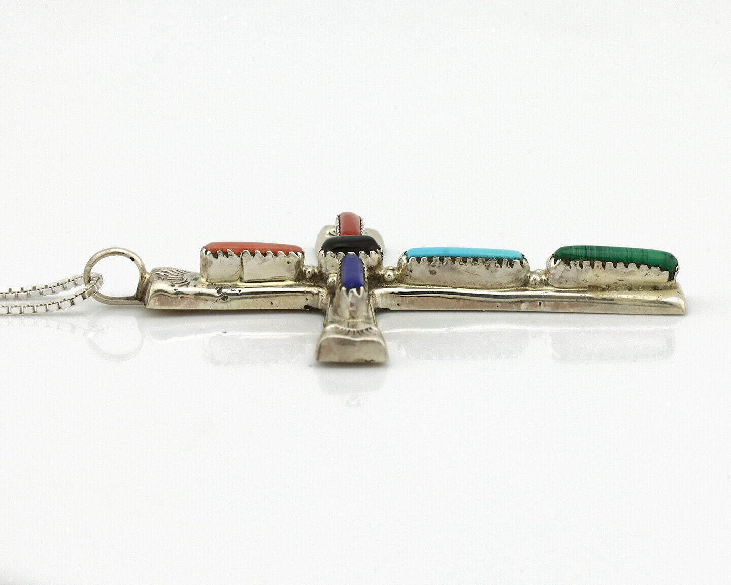 Zuni Handmade Cross Necklace 925 Silver Natural Gemstone Signed L. IULE C.80's