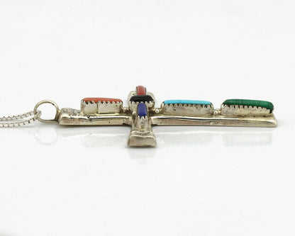 Zuni Handmade Cross Necklace 925 Silver Natural Gemstone Signed L. IULE C.80's