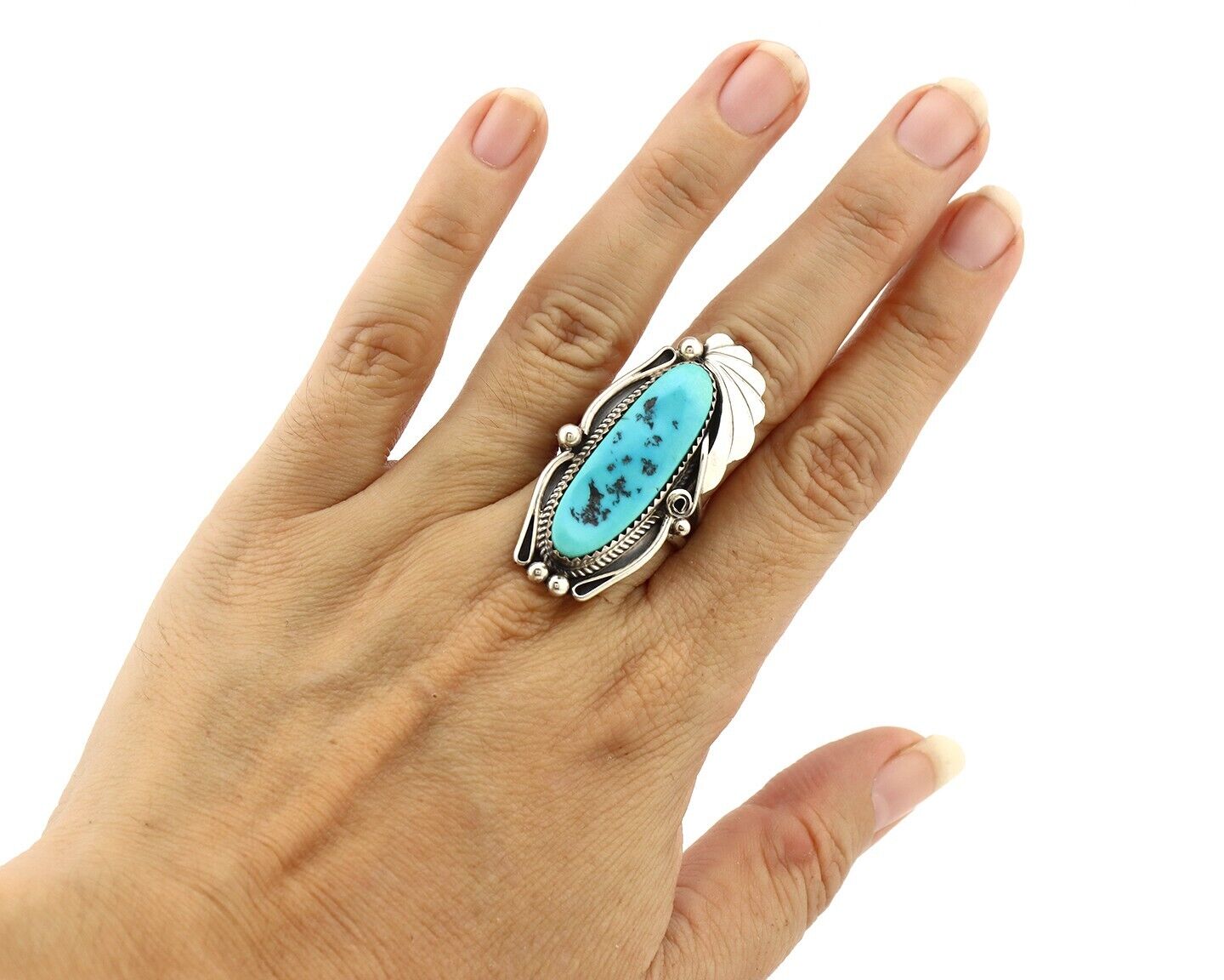 Navajo Inlay Band Ring 925 Silver Sleeping B Turquoise Signed Justin Morris C80s