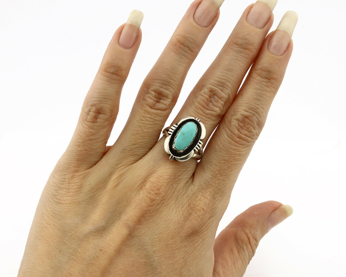 Navajo Ring .925 Silver Kingman Turquoise Handmade Native American Artist C.80's