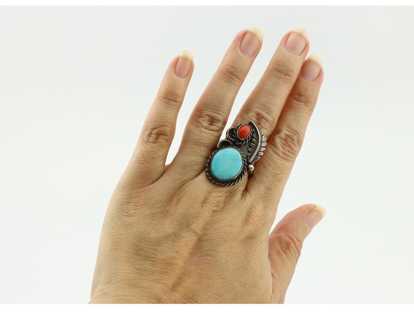 Navajo Handmade Ring 925 Silver Turquiose & Coral Native American Artist C.80's