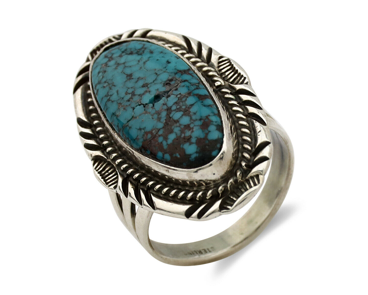 Navajo Ring .925 Silver Black Spiderweb Turquoise Native American Artist C.80's