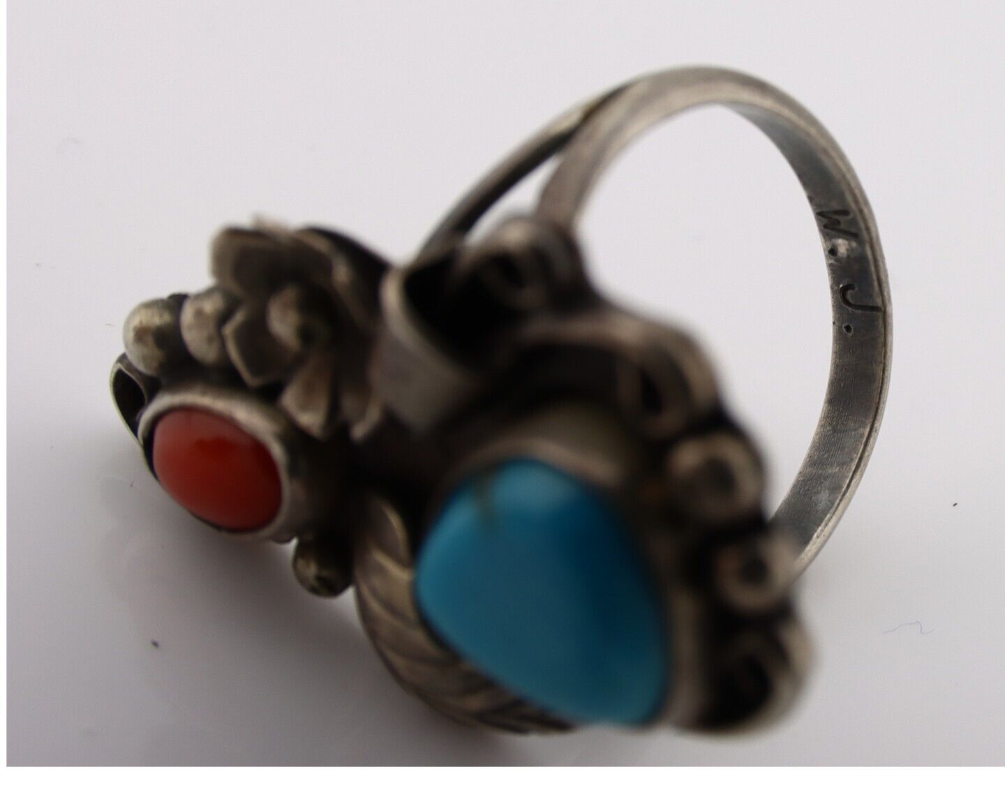 Navajo Handmade Ring 925 Silver Turquiose & Coral Artist Signed WJ C.80's