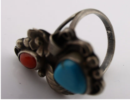 Navajo Handmade Ring 925 Silver Turquiose & Coral Artist Signed WJ C.80's