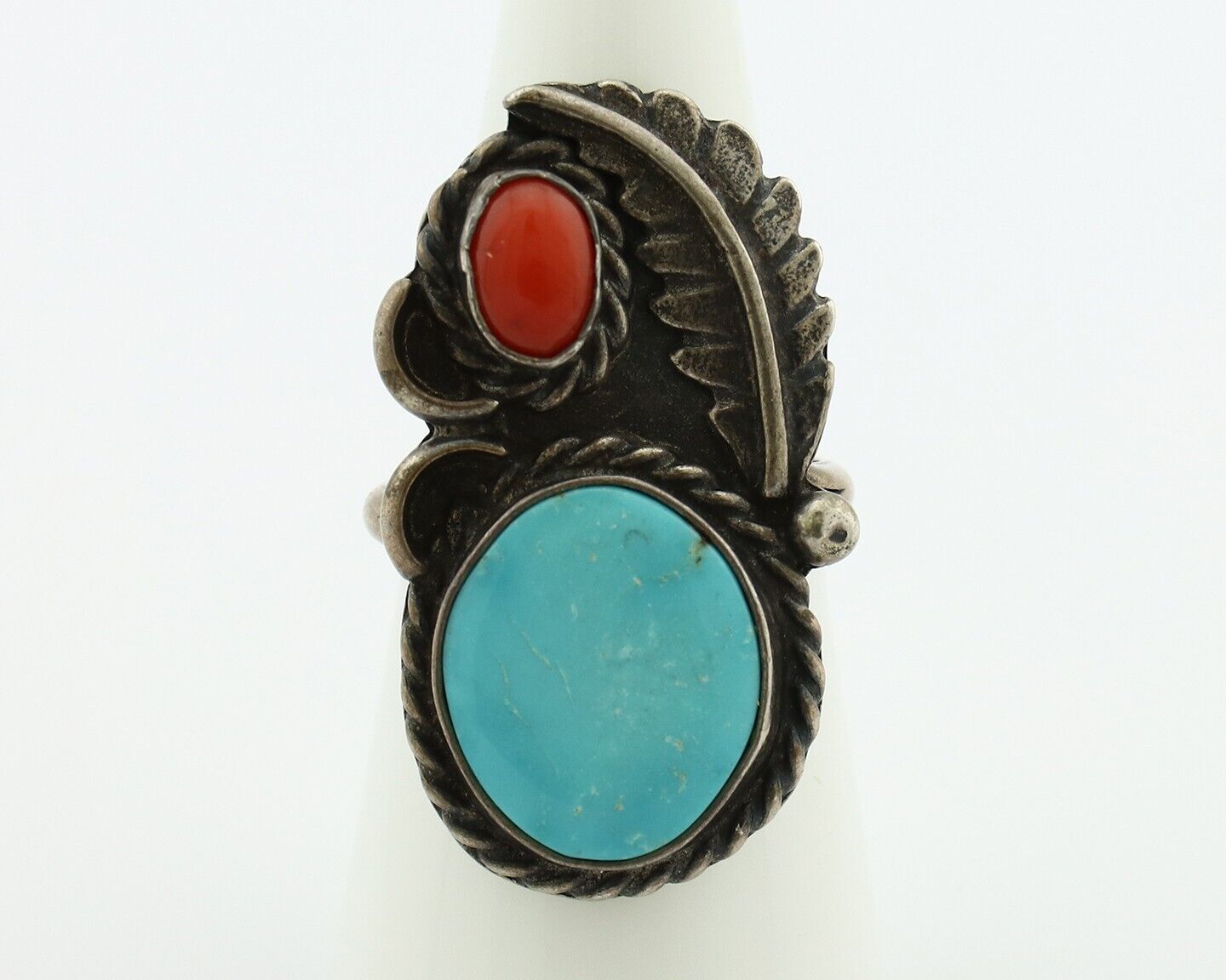Navajo Handmade Ring 925 Silver Turquiose & Coral Native American Artist C.80's