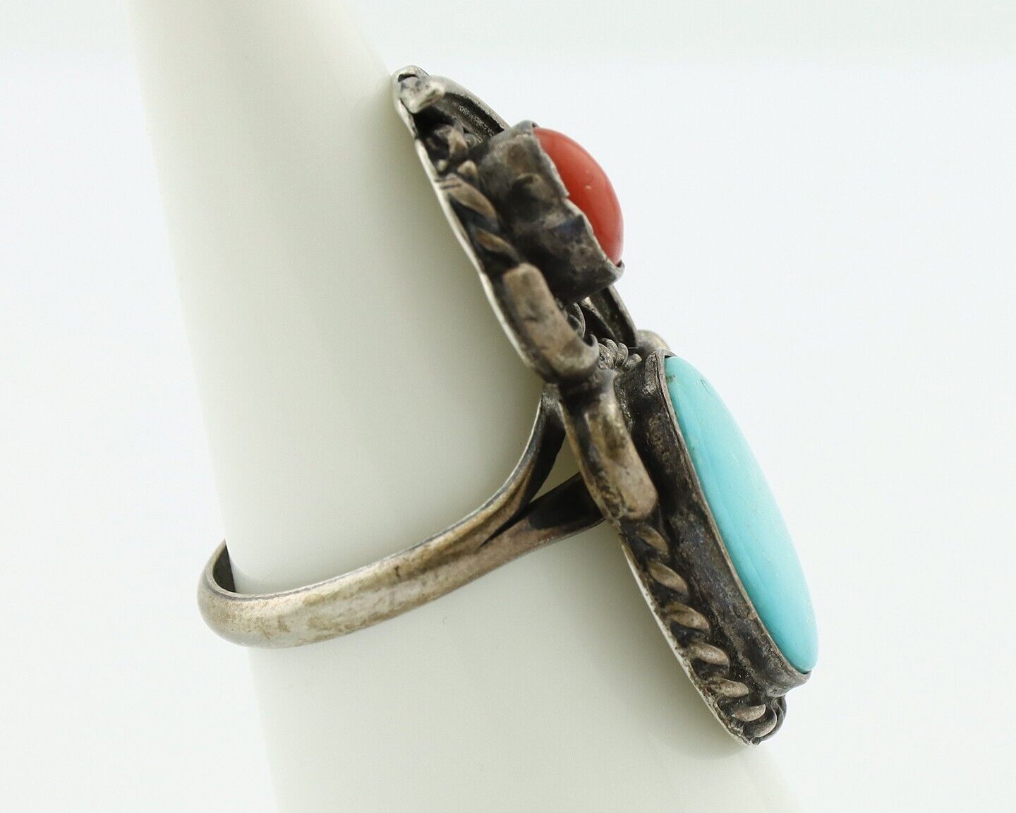 Navajo Handmade Ring 925 Silver Turquiose & Coral Native American Artist C.80's