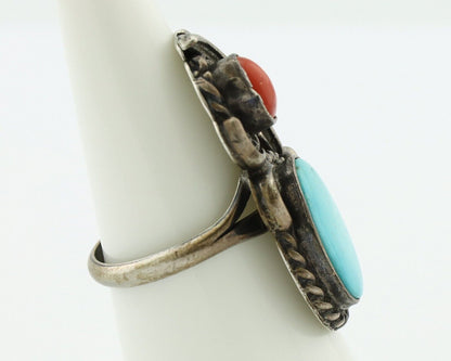 Navajo Handmade Ring 925 Silver Turquiose & Coral Native American Artist C.80's