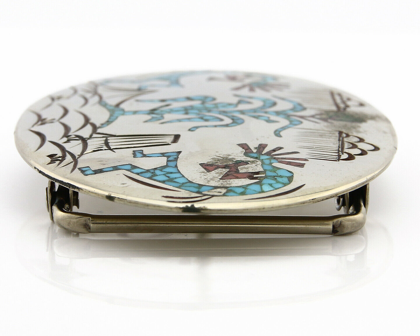 Navajo Belt Buckle .999 Nickle Silver Turquoise Coral Signed SD C.80's