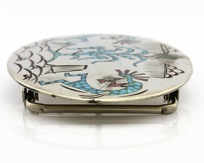 Navajo Belt Buckle .999 Nickle Silver Turquoise Coral Signed SD C.80's