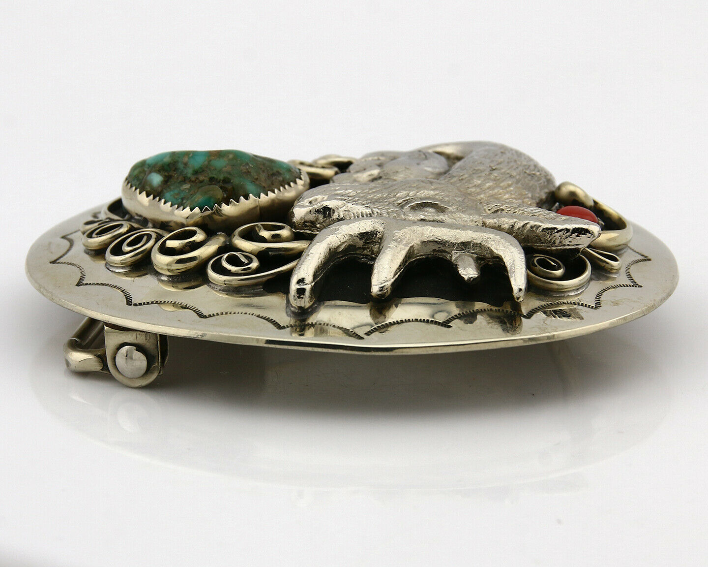 Navajo Belt Buckle .925 Silver & Nickle Gemstones Native American Artist C.80's