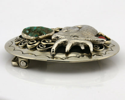 Navajo Belt Buckle .925 Silver & Nickle Gemstones Native American Artist C.80's
