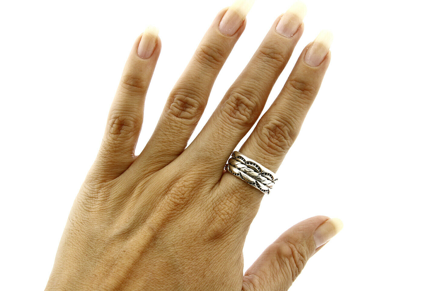 Navajo Ring .925 Silver Handmade Hand Stamped 3 Row Rope Band C.1980's Size 8.0