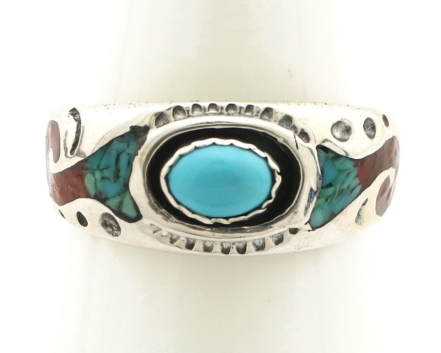 Navajo Inlay Band Ring 925 Silver Turquoise & Coral Native Artist C.80's