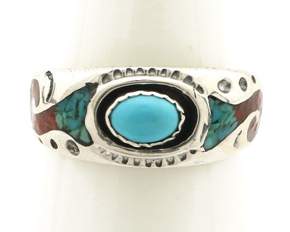 Navajo Inlay Band Ring 925 Silver Turquoise & Coral Native Artist C.80's