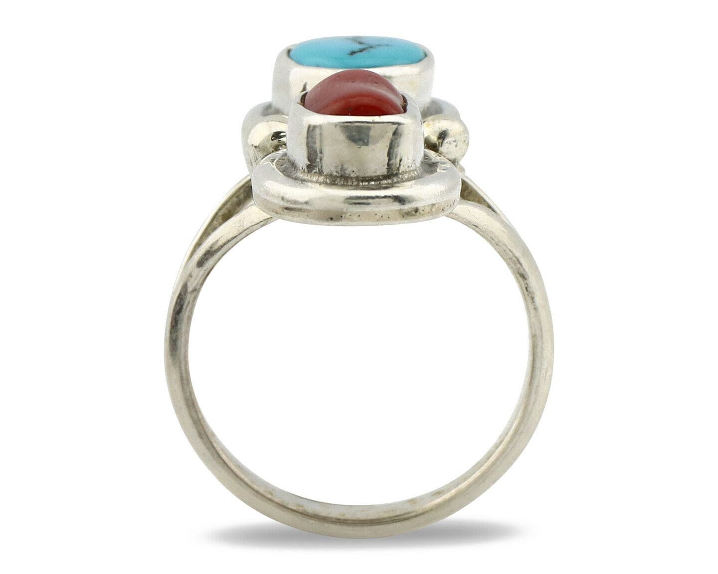 Navajo Ring .925 Silver Red Coral & Blue Turquoise Native Artist C.80's