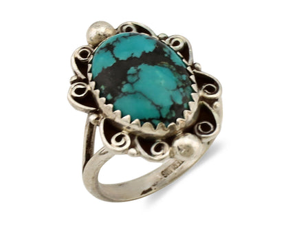 Navajo Ring .925 Silver Sleeping Beauty Turquoise Artist Signed TALHAT C.80's