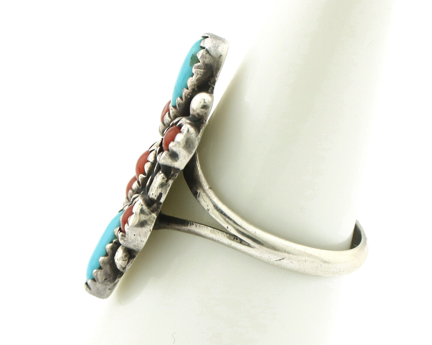 Navajo Ring 925 Silver Turquoise & Coral Handmade Native American Artist C.1980s
