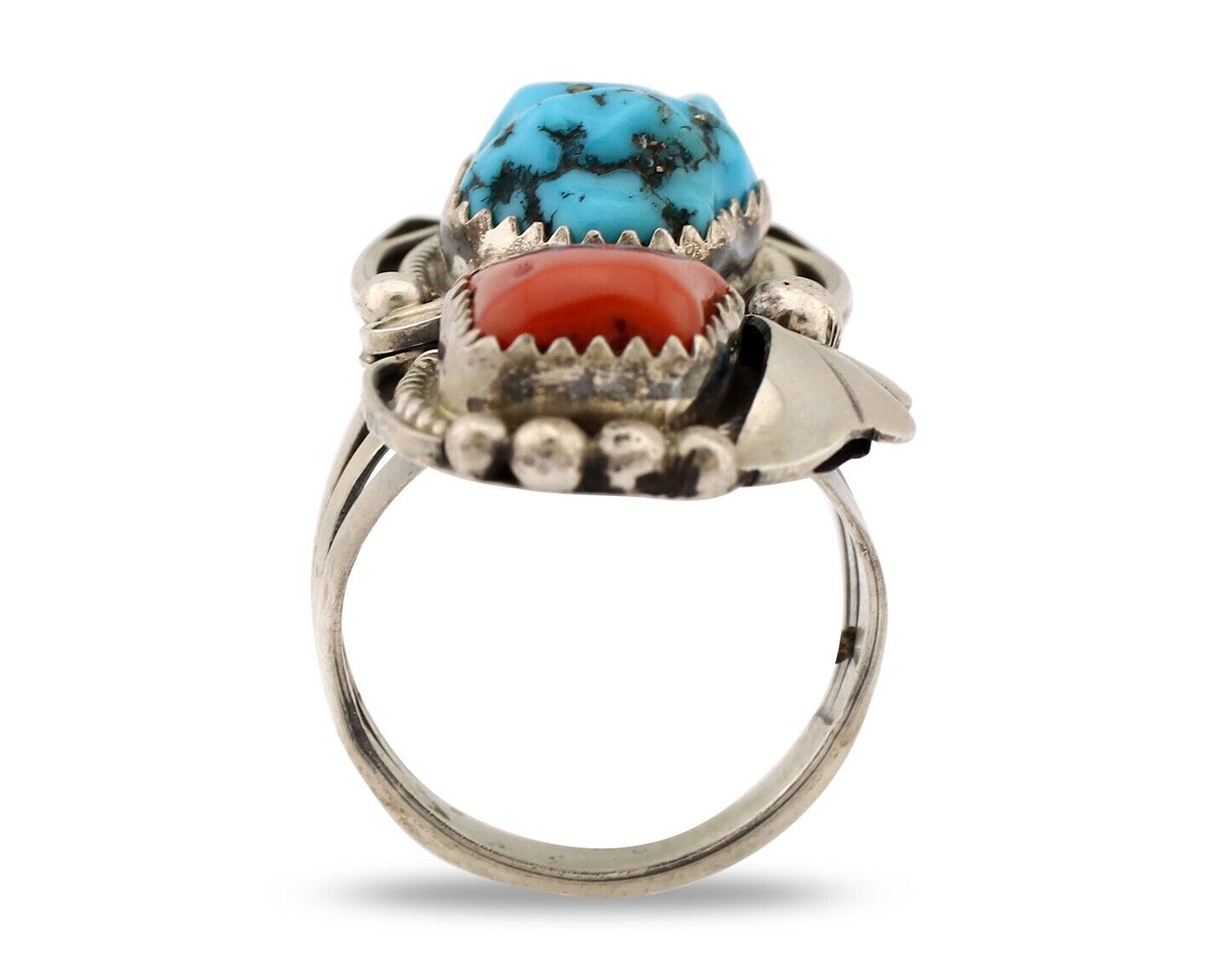 Navajo Ring 925 Silver Blue Turquiose & Coral Artist Signed Justin Morris C.80's