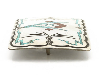 Navajo Belt Buckle .925 Silver Handmade Chip Inlay Artist Signed Bee Gay C.80's