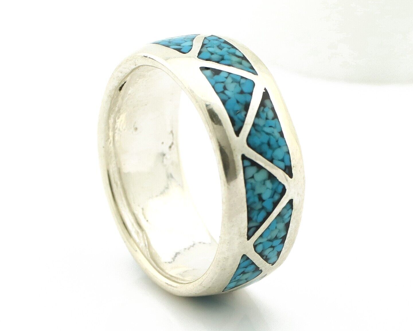 Navajo Chip Inlay Ring 925 Silver Sleeping Beauty Turquoise Artist Silver Cloud
