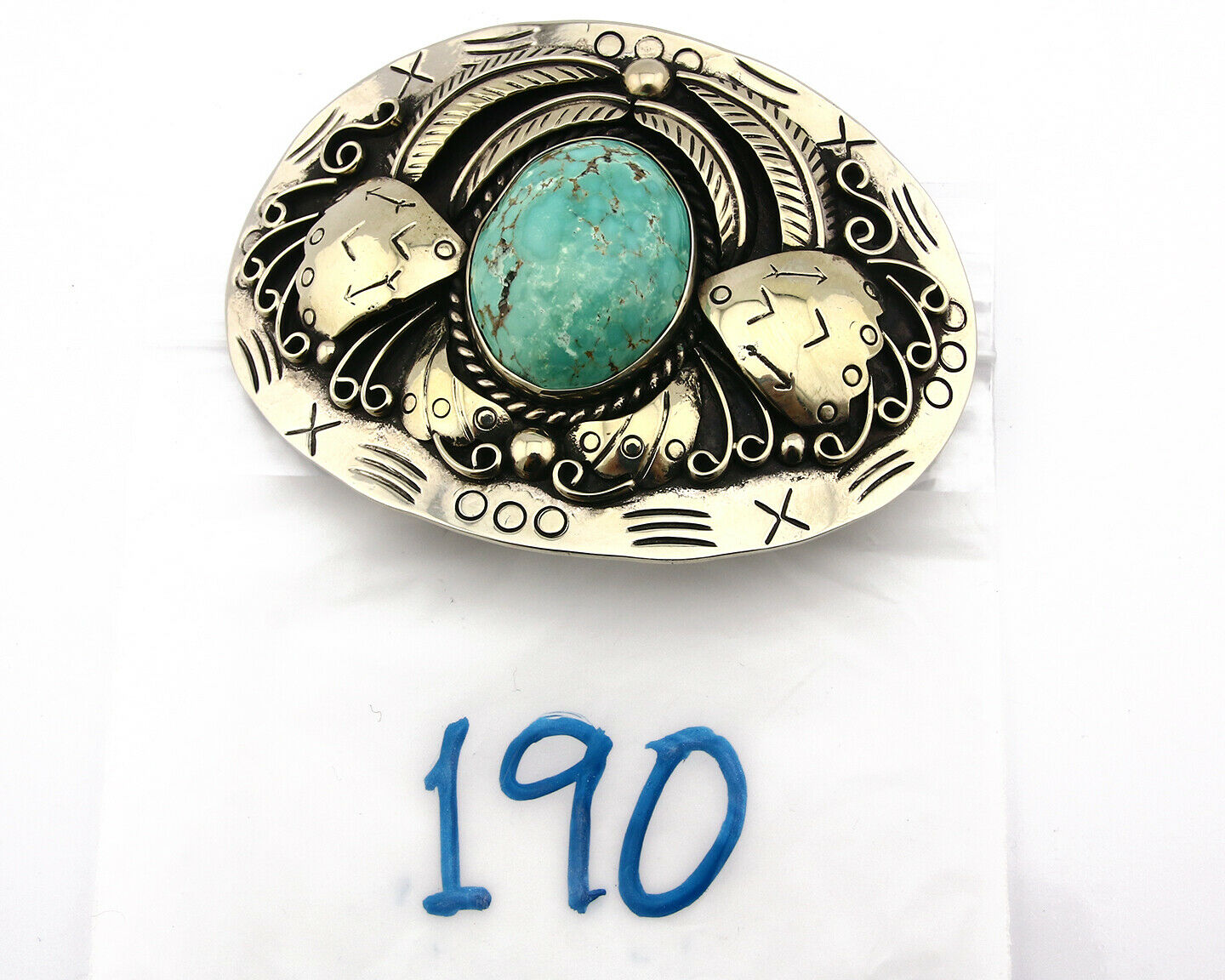 Navajo Belt Buckle .999 Nickle Silver Morenci Turquoise Native Artist C.80's