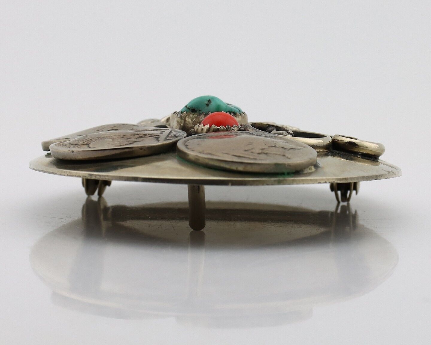 Navajo Eagle Head Belt Buckle .999 Nickle Turquoise & Coral Native Artist C80s