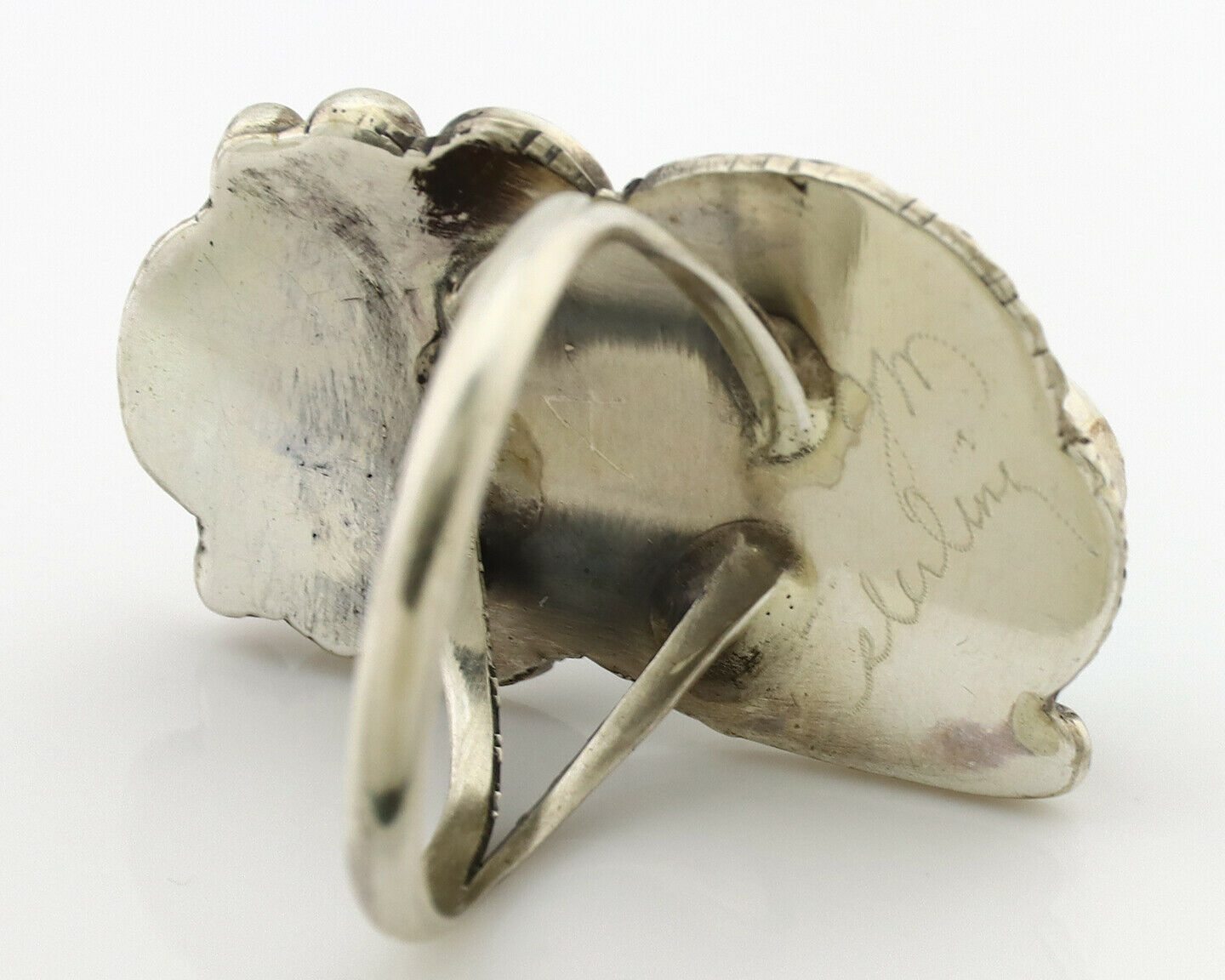 Navajo Ring .925 Silver Turquoise & Coral Artist Signed J Morris C.80's